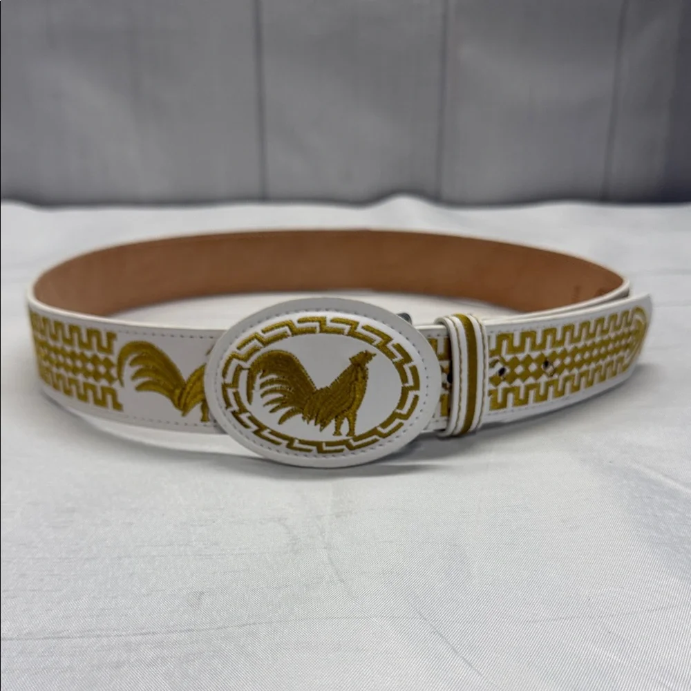 YAC White and Gold Leather and Silk Rooster Design Western Cowboy Belt Size 38